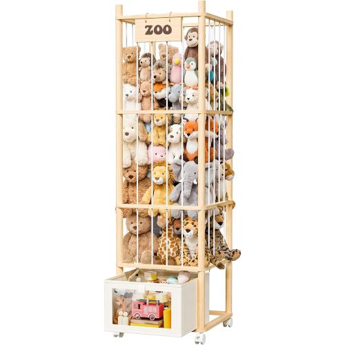 upsimples 58in Stuffed Animal Storage with Drawer and Wheels, Solid Wood Large Capacity Plushies Holder & Toy Organizer for Nursery, Kids Bedroom Corner and Play Room