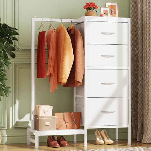 HIGDBFE Tall Dresser 44''H with Hanging Rack, 4 Drawers Small Closet Dresser for Bedroom, Reversible Fabric Chest of Drawers with Clothes Rack, Tall Storage Tower, Sturdy Frame, White