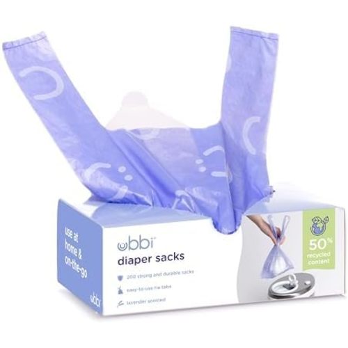 Ubbi Disposable Diaper Sacks, Lavender Scented, Easy-To-Tie Tabs, Diaper Disposal or Pet Waste Bags, 200 Count