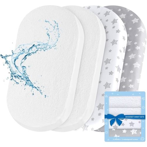 Bassinet Sheets & Waterproof Bassinet Mattress Pad Protector 4 Pack Set