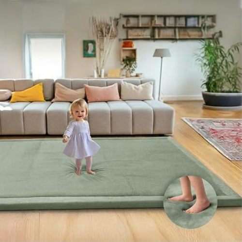 Ultra Soft 1.3" Thick Baby Play Mat for Floor, Extra Large Velvet Playpen Mat, Baby-Safe & Non-Slip Tummy Time Mat, Crawling for Babies, Toddlers, Infants, Kids, Easy Care, 79"x59", Green
