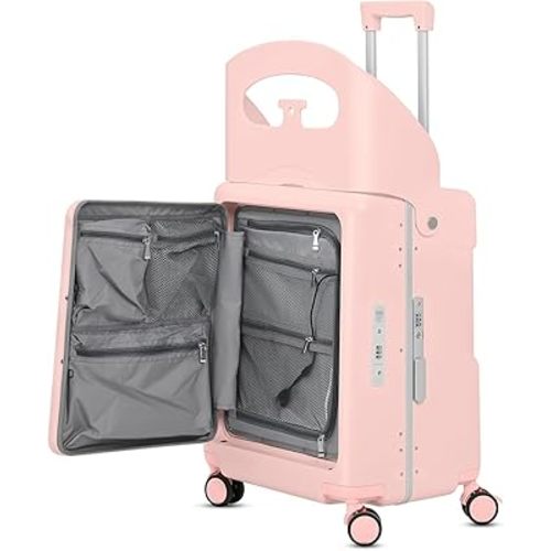 advwin 20" Carry-On Luggage with Seat for Kids & Adults, Lightweight Hardside Ride-On Suitcase with Front Opening, TSA Lock, 360° Spinner Wheels (Pink, 20-inch)
