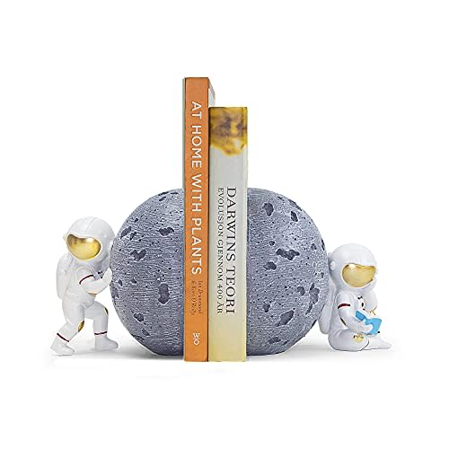 Banllis Heavy Duty Astronaut Bookends, Space-Themed Book Ends for Kids Room & Nursery Decor, Gray Moon Book Stoppers to Hold Books, Decorative Bookends for Shelves, Ideal for Boys and Girls