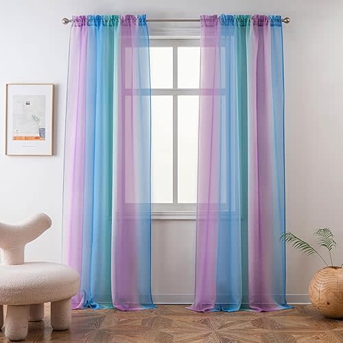 Yancorp Sheer Curtain 2 Panels Semi Bedroom Curtains 63 inches Length Linen Ombre Curtains Rod Pocket Drapes Girls Living Room Mermaid Bedroom Nursery Kids Window Decor(Purple Teal Blue, 52"x63")