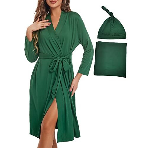 SUFEINI Maternity Mommy Robes with Matching Swaddle Blanket Set, Maternity Mommy Postpartum Bathrobe Sleepwear