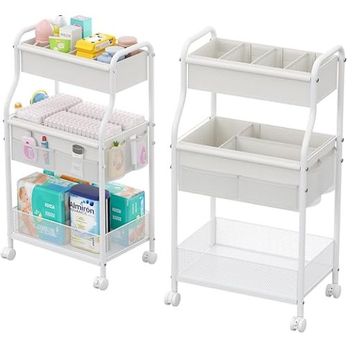 3-Tier Baby Diaper Caddy Cart Organizer,Mobile Nursery Storage Carts with Wheels,With 2 Dividers&14 Mesh Pockets Durable Metal Utility Cart for Nursery, Bedroom, Bathroom, Baby Essentials Organization