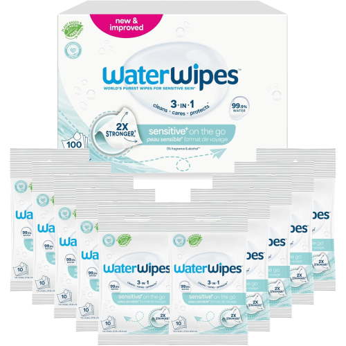 Sensitive+ On The Go Wipes, 3-In-1 Cleans, Cares, Protects, 99.9% Water, Unscented & Hypoallergenic Wet Wipes, 100 Count (10 Packs)