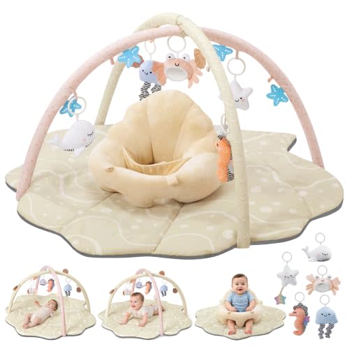 Baby Play Mat & Seat, Tummy Time Mat with 6 Detachable Activity Toys, Baby Gym Playmat & Chair for Babies 0-6-12 Months, Baby Essentials Mat for Floor Newborn Baby Gift(Apricot)