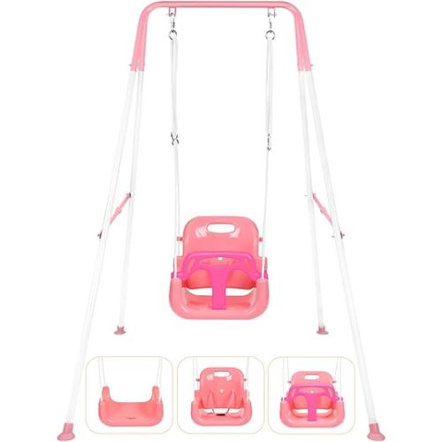 3-in-1 Toddler Swing Set, Indoor & Outdoor Baby Swing Heavy Duty Swing Set with Foldable Metal Stand for Aged 6 Months to 10 Years Old, Easy to Assemble and Store (Pink)