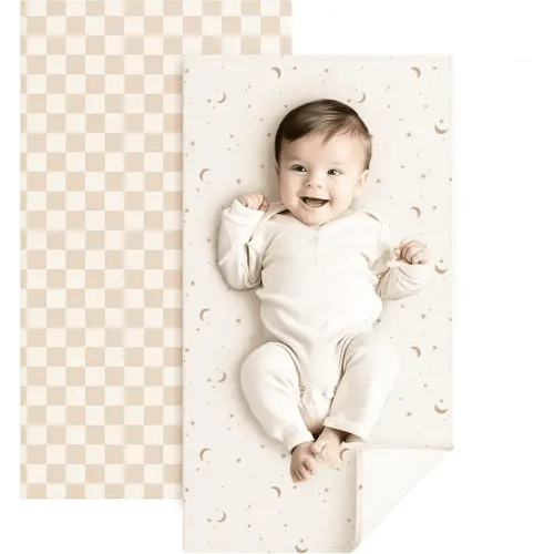 Konssy Faux Leather Baby Changing Mat, Waterproof, Wipeable & Portable Diaper Changing Pad for Travel or Home, Fits Perfectly in Diaper Bag, 30 x 17 inches (Milk Apricot Check,Moon)