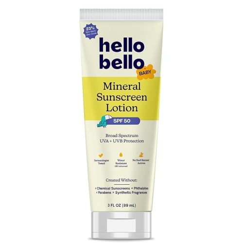 Hello Bello Baby Mineral SPF 50 Sunscreen Lotion with Broad Spectrum UVA + UVB Protection, Water Resistant and Reef Friendly Sun Protection for Babies and Kids, 3 fl oz (Pack of 1)
