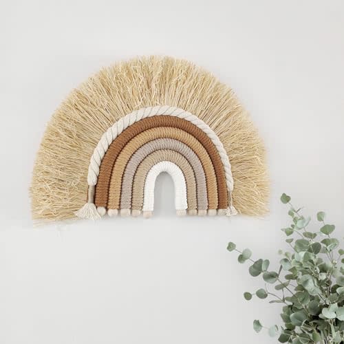 Boho Rainbow Nursery Wall Decor Handmade Woven Macrame Wall Hanging Art with Wood Bead Straw Neutral Decoration for Girls Kids Toddler Bedroom Baby Shower