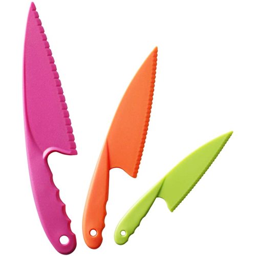 Hombae Kids Kitchen Knife Set 3 Piece Nylon Kids Chef Knife, Toddler’s Cooking Knives in 3 Sizes and Colors, BPA Free Plastic, Safe Knives for Bread, Lettuce Knife and Salad Knives - Set A