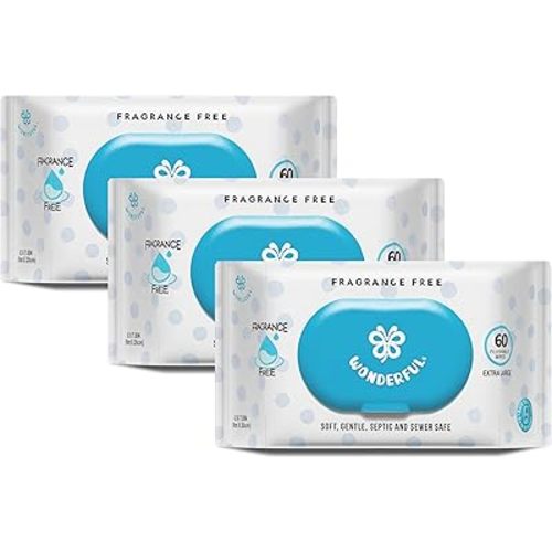 WONDERFUL Flushable Butt Wipes, Unscented 100% Plant-Based Wet Wipes for Adults & Kids, Sewer & Septic Safe, Gentle for Sensitive Skin, Wipes Flushable Pack for Bathroom & Travel, 3-Pack (180 Wipes)