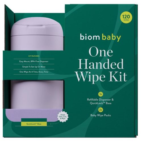 Biom 99% Water Hypoallergenic Baby Starter Kit - Lilac - Fragrance Free - 120ct: Refillable Container, Contains Aloe, Contains Vitamin E