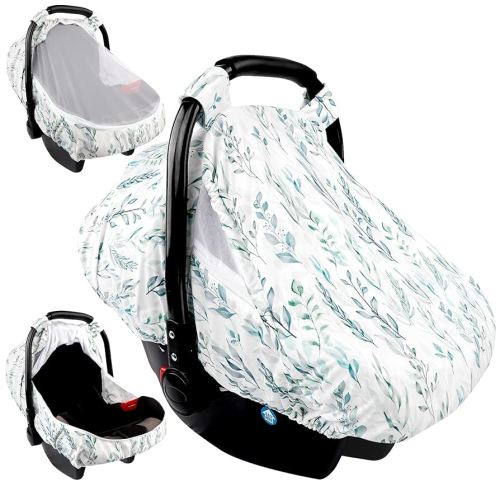 Car Seat Covers for Babies Girl Boy, Cozy Sun & Bug Cover, Infant Carseat Canopy Newborn Stroller Carrier Cover with Breathable Zipper Peep Window, Green Leaf