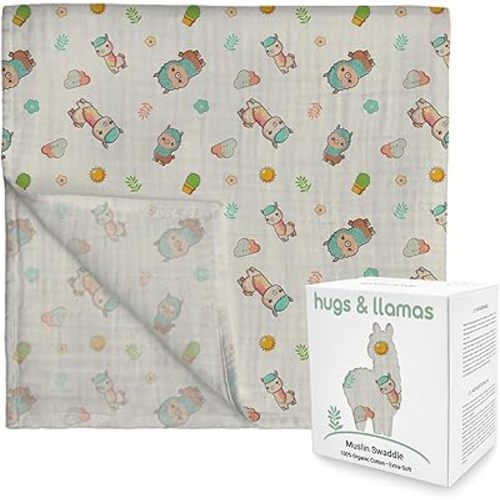 hugs & llamas | 100% Organic Cotton Muslin Swaddle Blankets | Unisex Swaddle Blanket | Extra Soft | Swaddles for Newborns and Infants | Machine Washable | 47” x 47” (Cuddly Llama)