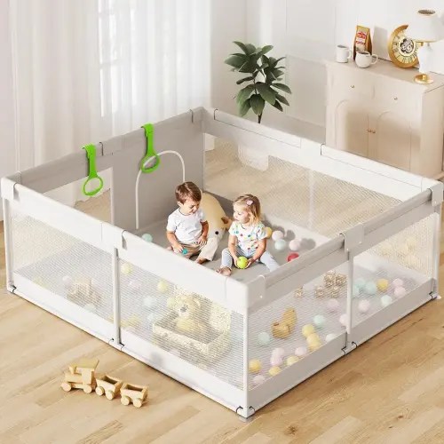 ZEEBABA Extra Large Baby Playpen - 59x69in Play Yard for Babies & Toddlers, Indoor Play Pen with Breathable Mesh and Gate, Parc pour Bébé (Without Mat)