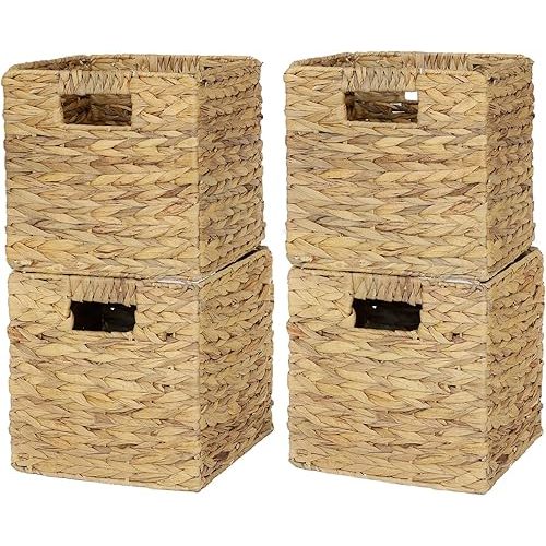 4 Pack 9in Wicker Storage Cubes, Water Hyacinth Baskets, Foldable Wicker Baskets, Storage Basket with Built-in Handles, Handwoven Natural Basket for Shelves, Outdoor