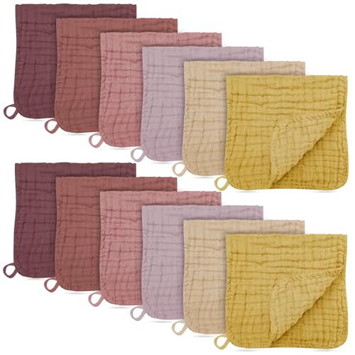 BAMBOO QUEEN 12 Pack Muslin Burp Cloths - Large 20" x 10", Ultra Absorbent 100% Cotton for Baby Drool and Messes - Soft, Gentle Baby Burp Rag for Boys & Girls -Brown, Honey, Bean Paste Series
