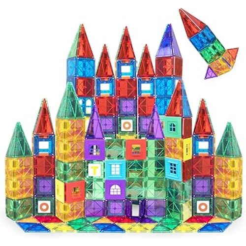 Playmags 100 Piece Super Set: with Strongest Magnets Guaranteed, Sturdy, Super Durable with Vivid Clear Color Tiles. 18-Piece Clickins Accessories to Enhance Your Creativity