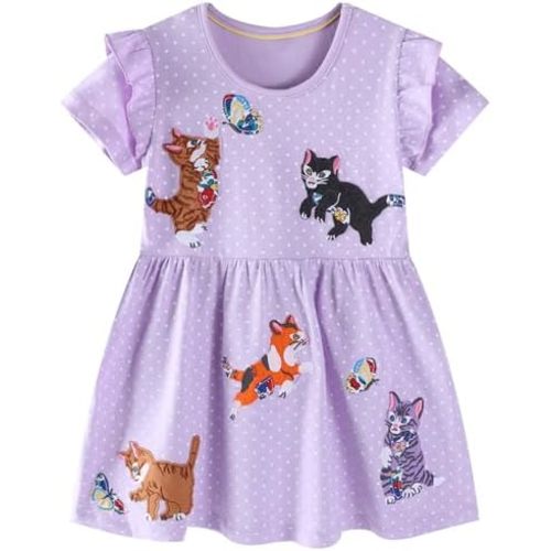 FreeLu Girls Cartoon Appliques Dress Cotton Summer Short Sleeve Dresses Casual Jersey Skirt