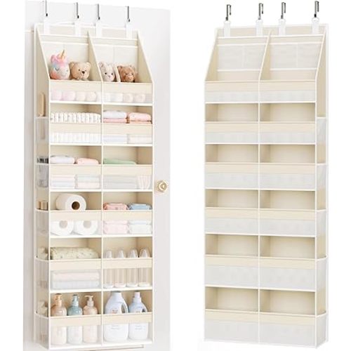 Criusia Over the Door Organizer, Extra Large 12 Compartments Closet Hanging Storage with 14 Mesh Pockets, 85lbs Capacity Behind the Door Storage for Baby Nursery, Bathroom, Bedroom, and Dorm, Beige