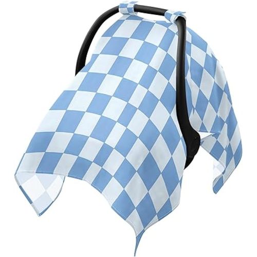 Blue Checkered White Buffalo Plaid Baby Car Seat Cover Breathable Infant Car Seat Cover Muslin Cotton Carseat Canopy Lightweight for Summer Sun Bug