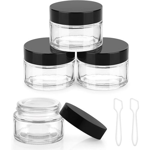 Accmor 1 OZ Glass Jars with Black Lids, 4 Pack Small Empty Cosmetic Containers Round Glass Travel Jars with Inner Liners & Spatulas, Makeup Sample Container for Storing Lotions, Cream, Ointments