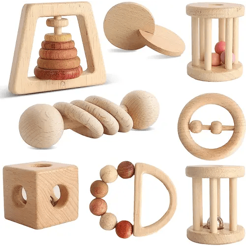 Wooden Baby Toy 8pcs, Montessori Toys for Babies 1-3 Years Old, Wooden Rattles Toy Set for Infant Grasping, Sensory Development, Gift for Baby Boys Girls (Natural Wood)