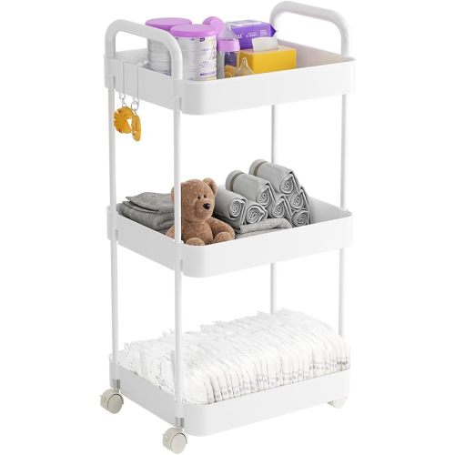Diaper Caddy Cart, 3-Tier Plastic Rolling Cart with Handle, White