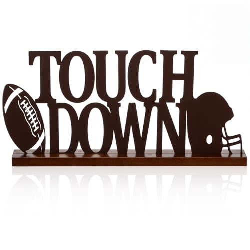 SiliFine Football Centerpiece Metal Sign Wood Base Game Day, Touch Down | Rustic Metal Word Sign with Helmet Ball Pattern, Wood Base for Stable Display, Tabletop Decor for Parties Sports Fans Home