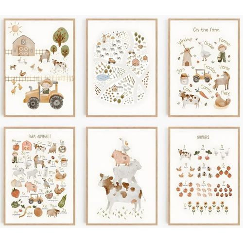 Laylwhq 6 Pcs Farm Nursery Wall Art Kids Room Canvas Wall Decor Simple Alphabet Cute Animals Pictures Prints Posters for Farmhouse Kids Room Girls Boys Home Decoration (8x10 inch，Set of 6，Unframed)