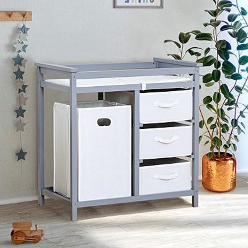 GarveeLife Wooden Baby Changing Table, Modern Diaper Changing Table, Infant Diaper Changing Station Dresser with Laundry Hamper, 3 Drawer Basket and Changing Pad