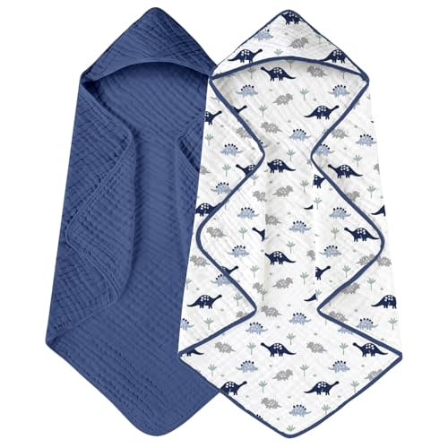 Yoofoss Hooded Baby Towels for Newborn 2 Pack 100% Muslin Organic Cotton Baby Bath Towel with Hood for Babies, Infant, Toddler and Kids, Large 32x32Inch, Soft and Absorbent Newborn Essential