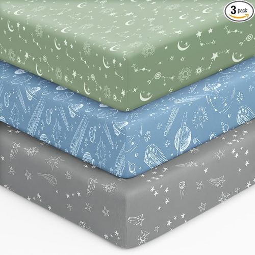 Baby Crib Sheets for Boys Girls, 28x52x8in Fitted Crib Sheet Neutral 3 Pack for Standard Crib and Toddler Mattress, Breathable Soft Microfiber Baby Sheet Green Gray Constellation