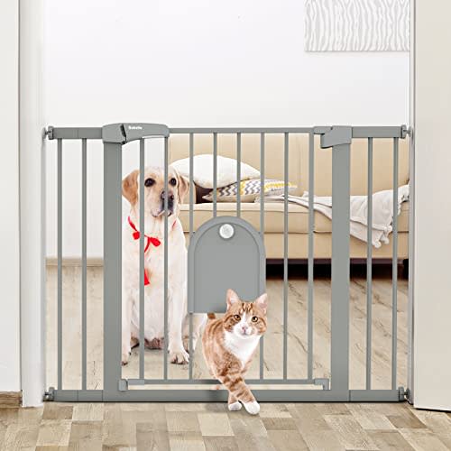 Babelio Auto Close Baby Gate with Small Cat Door, 29-43" Metal Cat Gate for Doorway, Stairs, House, Easy Walk Thru Dog Gate with pet Door, Includes 4 Wall Cups and 3 Extension Pieces, Gray