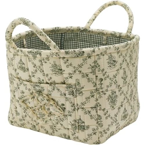 Quilted Fabric Storage Basket with Handles & Pocket, Foldable Laundry Hamper Boho Floral Print Organizer Bin for Home, Picnic, Office 12"x10"x10" (B-2)