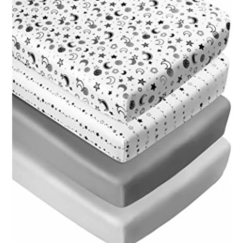 4 Pack Star and Moon Neutral Unisex Fitted Baby Crib Sheets Set for Baby Boys or Girls (White)