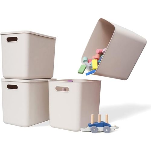 Yishyfier Plastic Storage Baskets With Lid Organizing Container Lidded Knit Storage Organizer Bins for Shelves Drawers Desktop Closet Playroom Classroom Office (4L, Light grey)