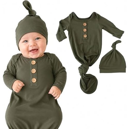 Caden Lane Newborn Knotted Gown with Hat, Soft Bamboo Viscose Baby Sack, Unisex Infant Breathable Night gown Olive