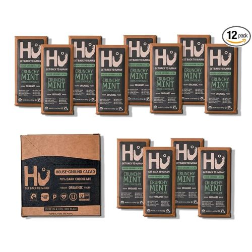 Hu Chocolate Bars | 12 Pack Crunchy Mint Chocolate | Natural Organic Vegan, Gluten Free, Paleo, Non GMO, Fair Trade Dark Chocolate | 2.1oz Each