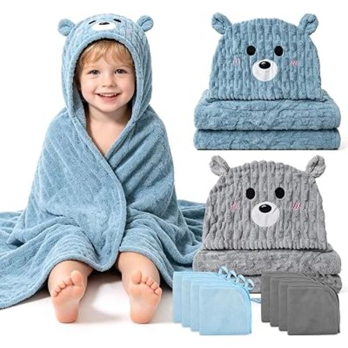 2 PCS 55" x 27.5" Plus Size Hooded Baby Bath Towels & 8 PCS Washcloths Set