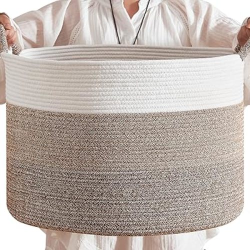 CLHMILY&Z Round Cotton Rope Storage Basket - 22x14.2 Inches - Stylish Nursery Storage Bin, Baby Toy Organizer, Soft Cotton Basket for Home Decor, Multi-Purpose Storage Solution