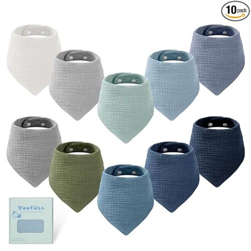 Yoofoss Muslin Baby Bibs 10 Pack 100% Organic Cotton 6-Layer Soft Absorbent Drool Bandana Baby Bibs for Drooling and Teething for Boys and Girls, Gradient Blue