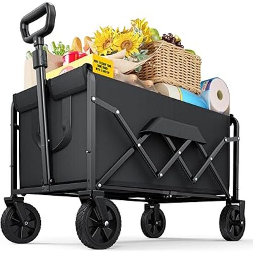 Medium Collapsible Wagon with Wheels, Foldable Carts with 220lbs Load Capacity, Dog Wagon, Utility Shopping Cart for Groceries, Sports, Camping, Garden, Fishing, Black