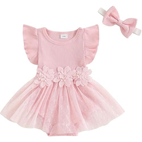 Douhoow Baby Girl Romper Dress Baby Dress Romper Flowers Lace Infant Girl Spring Summer Clothes with Headband
