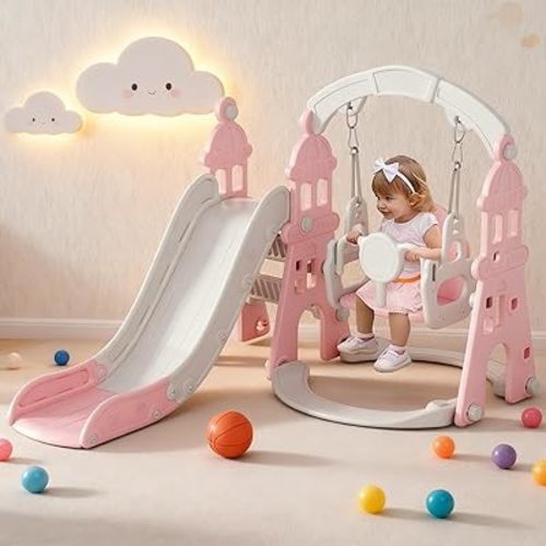 KORIMEFA 4-in-1 Kids Slide and Swing Set, Toddler Slide with Basketball Hoop, Swing, Outdoor Indoor Playground for Toddlers 1-3 (4 in 1-Pink)