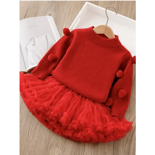 3-4yr girls 2pcs knit sweater plush mesh princess skirt set