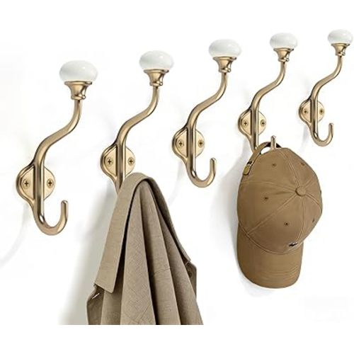TUNNY Coat Hooks - 5 Pack Champagne Bronze Towel Hooks Robe Hooks Decorative Wall Hooks for Bathroom Bedroom Kitchen Towel Robe Clothes Cabinet Closet Bathroom Hardware